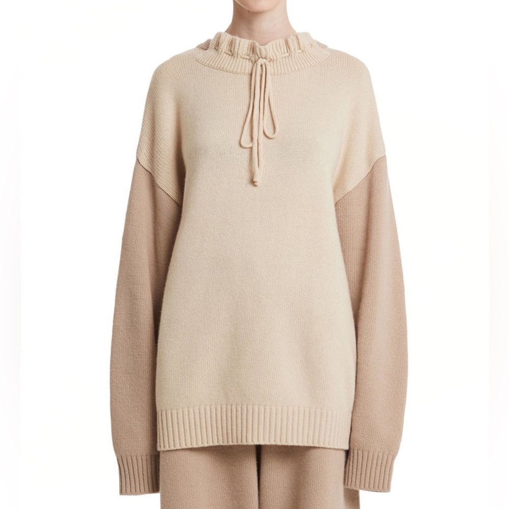 Trunk Project Korean Cream Knit Ruffled Tie Neck Oversized Wool Sweater